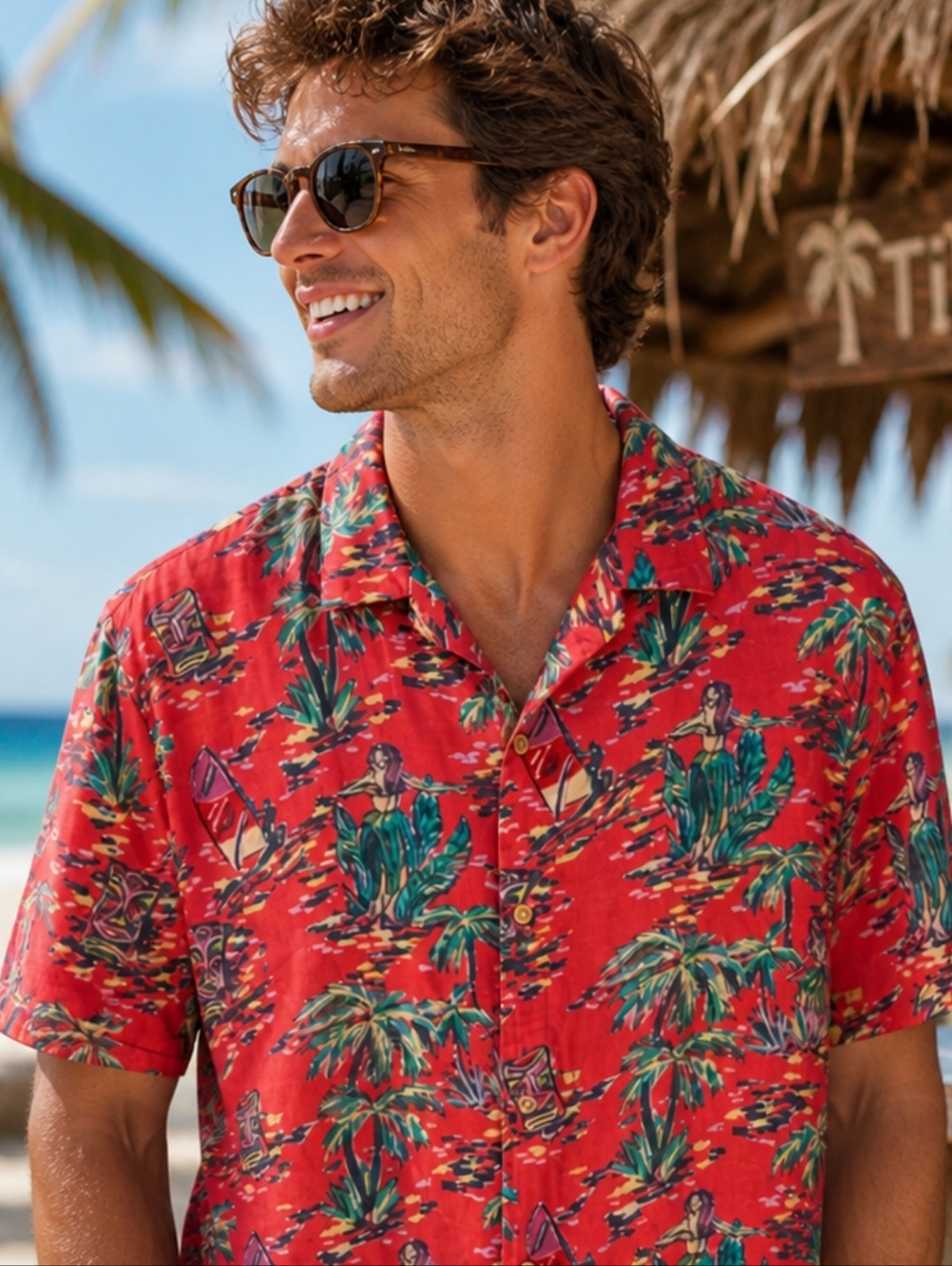 Chubbies Red Hawaiian Shirt Hula Tiki Tropical Camp Rayon Mens Small